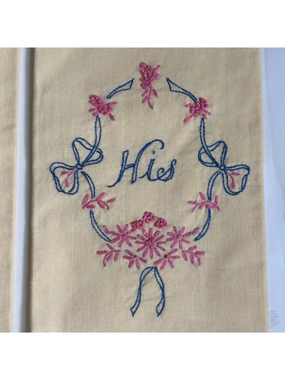 Vintage His Hers Embroidered Yellow Guest Towels Pink Blue Floral Design Pair